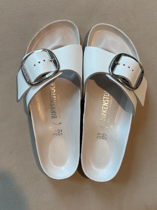 Birkenstock Shoes - Birkenstock White Single Strap Madrid Sandals with Silver Big Buckle: Size 39
